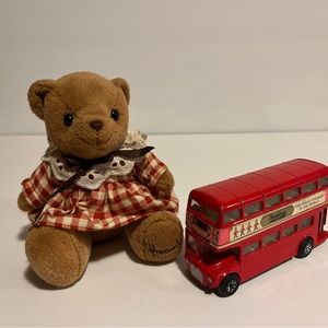 Vintage HARRODS Teddy Bear Stuffed Animal + London Transport Double Deck Bus